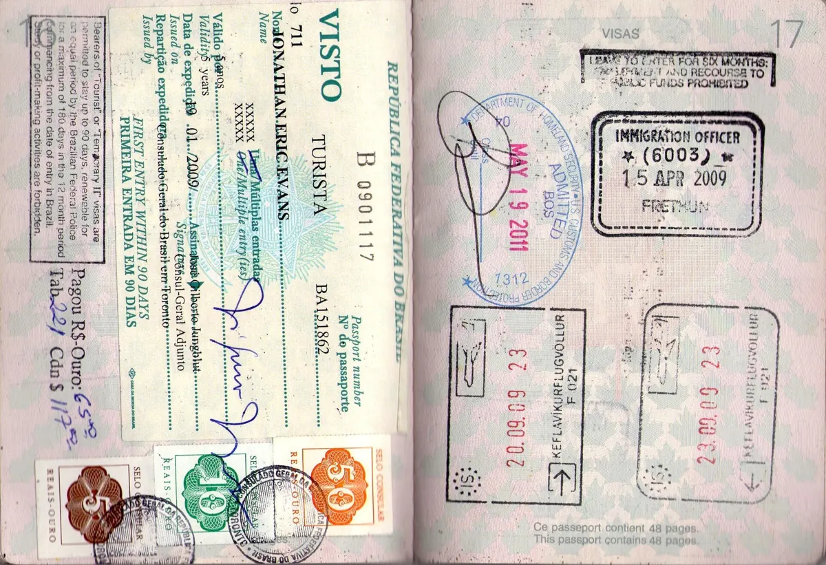 Passport page with entry stamps from Brazil, Iceland, the UK and the US